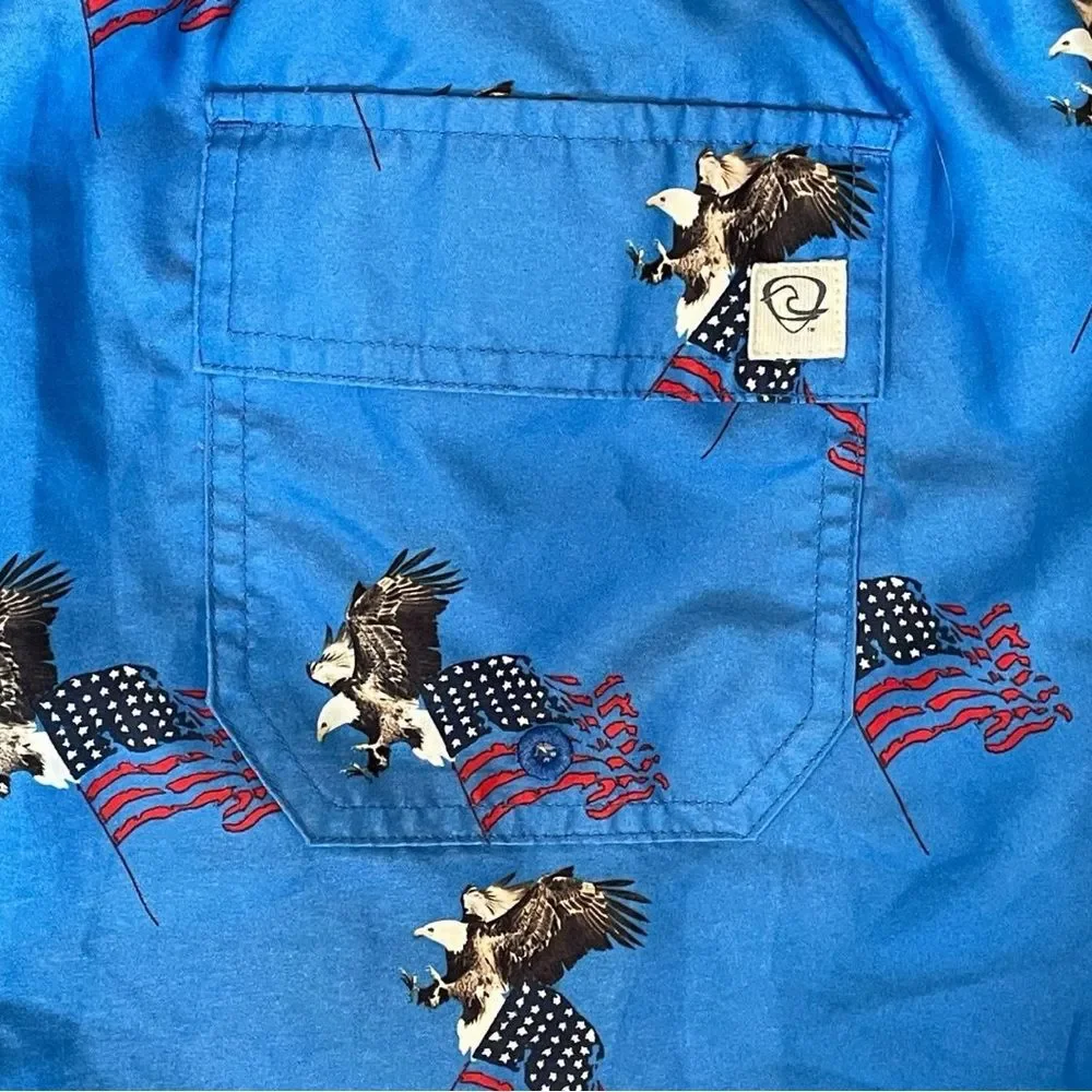 NEW! Wave Zone Blue Swim Shorts with Patriotic Eagle and Flag. NWOT. Men’s L